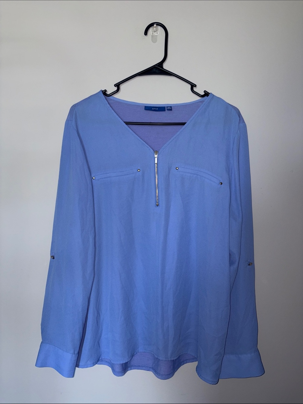 Apt. 9 Periwinkle Zip-Front V-Neck Long Sleeve Blouse PXL